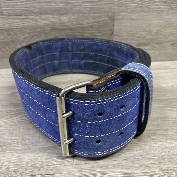 Vintage Thick Double Suede Powerlifting Belt Blue Two Prong - Picture 9 of 9